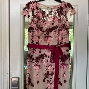 Adrianna Papell gown nude floral cascading lined, silk ribbon at the waist sz.12